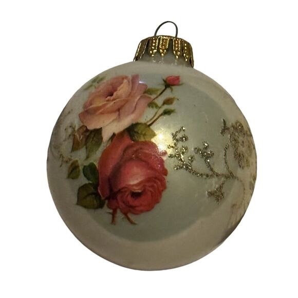 Pink Red Rose Ornament Christmas Tree Holiday Glitter Glass West Germany Krebs - Picture 2 of 5